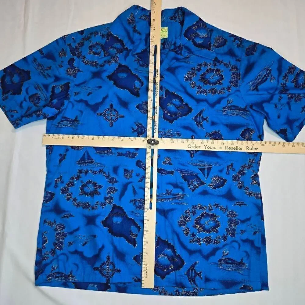 VINTAGE UI-MAIKAI COTTON HAWAIIAN SHIRT BLUE GOLD ISLANDS MENS SIZE MEDIUM
